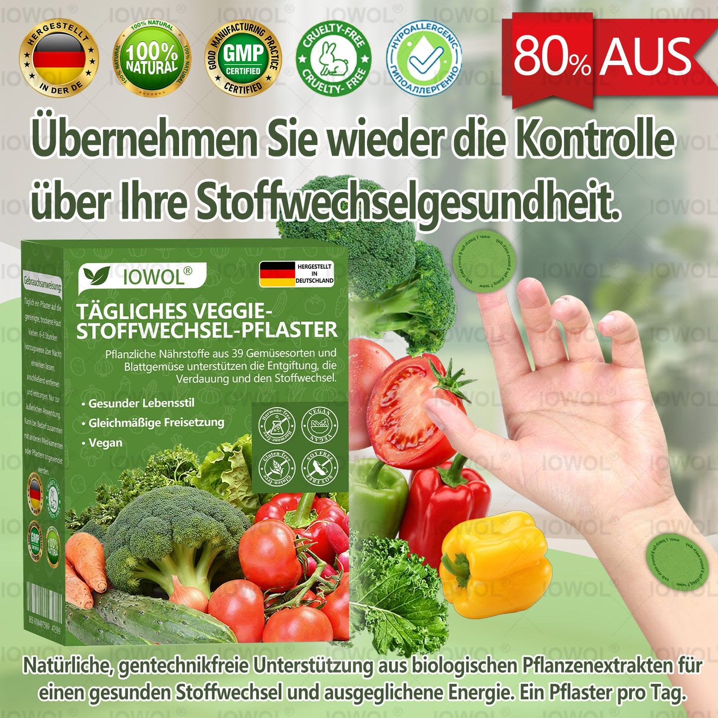 🇩🇪🥦Offizieller Store | IOWOL® Daily Vegetable Metabolic Patch unterstützt Entgiftung, Verdauung und metabolischen Reset mit organischen Gemüseextrakten und Phytonährstoffen aus 39 Gemüsen und grünen Pflanzen, für mehr Energie und Wohlbefinden.