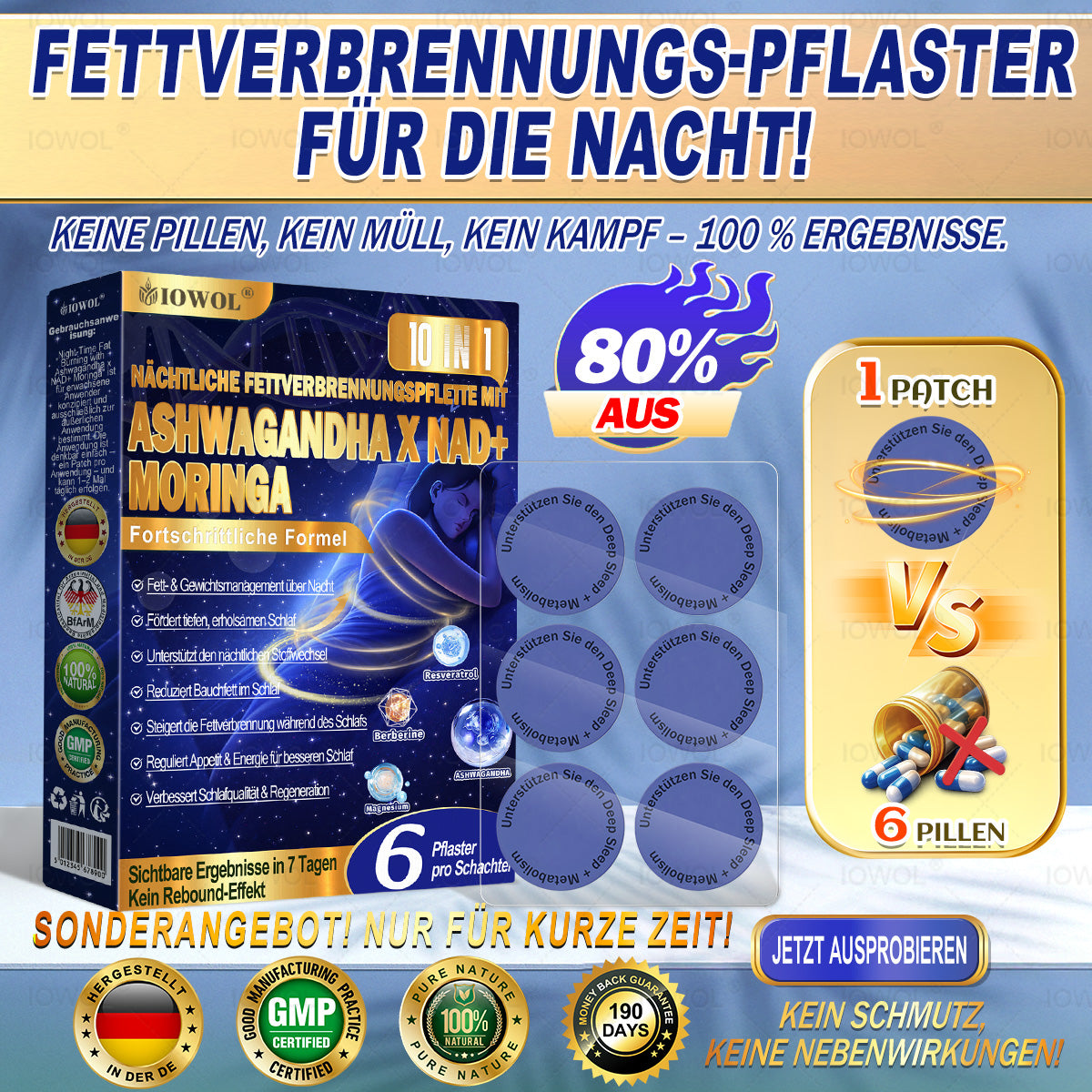 IOWOL® Nacht-Fettverbrennungspatches! Keine Pillen, kein Abfall, kein Aufwand – 100 % Ergebnisse.